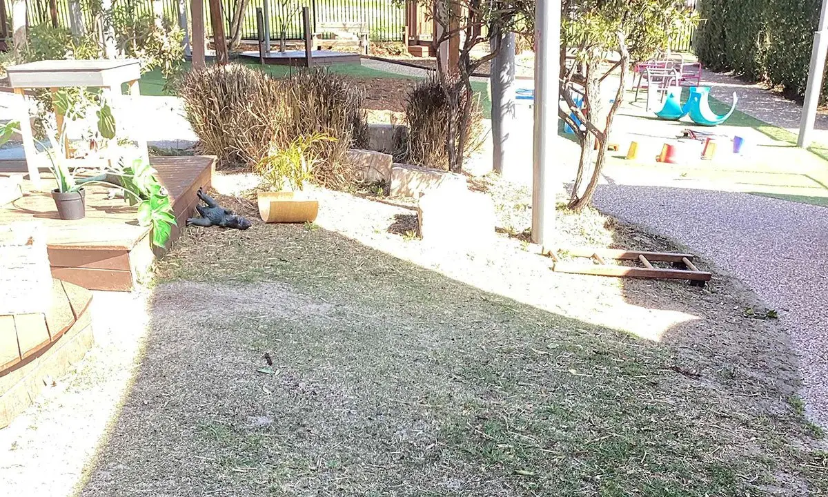 Worn dirt and patchy grass yard before the works