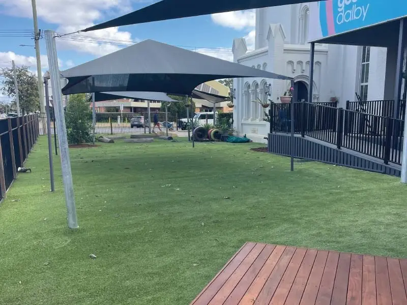 New sandpit and synthetic turf beside the Colorbond boundary fence