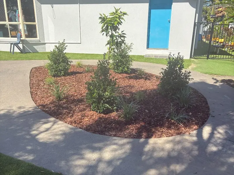 New garden bed with mulch and plantings in the upgraded yard