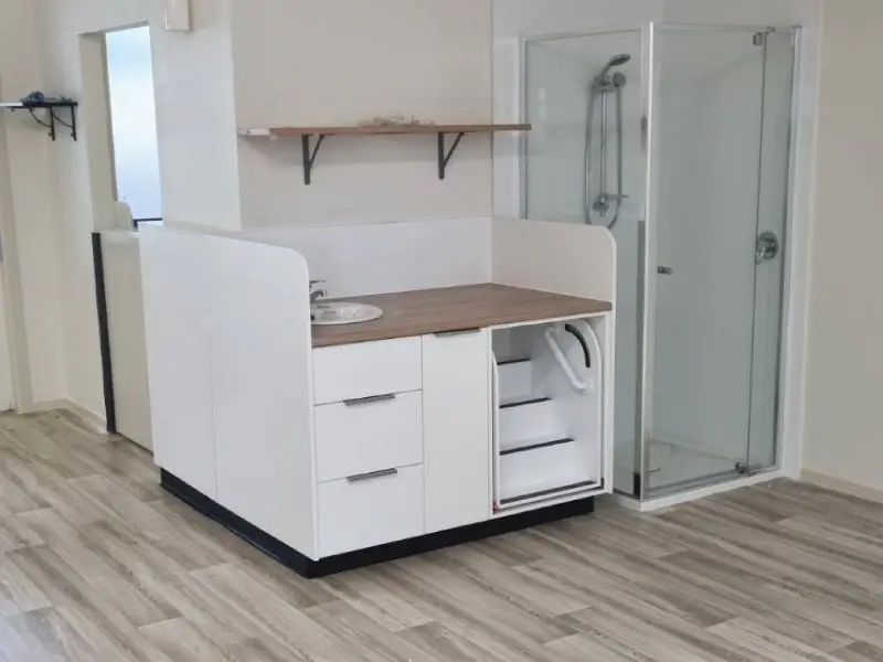 New nappy change cabinet with timber bench top and shelving