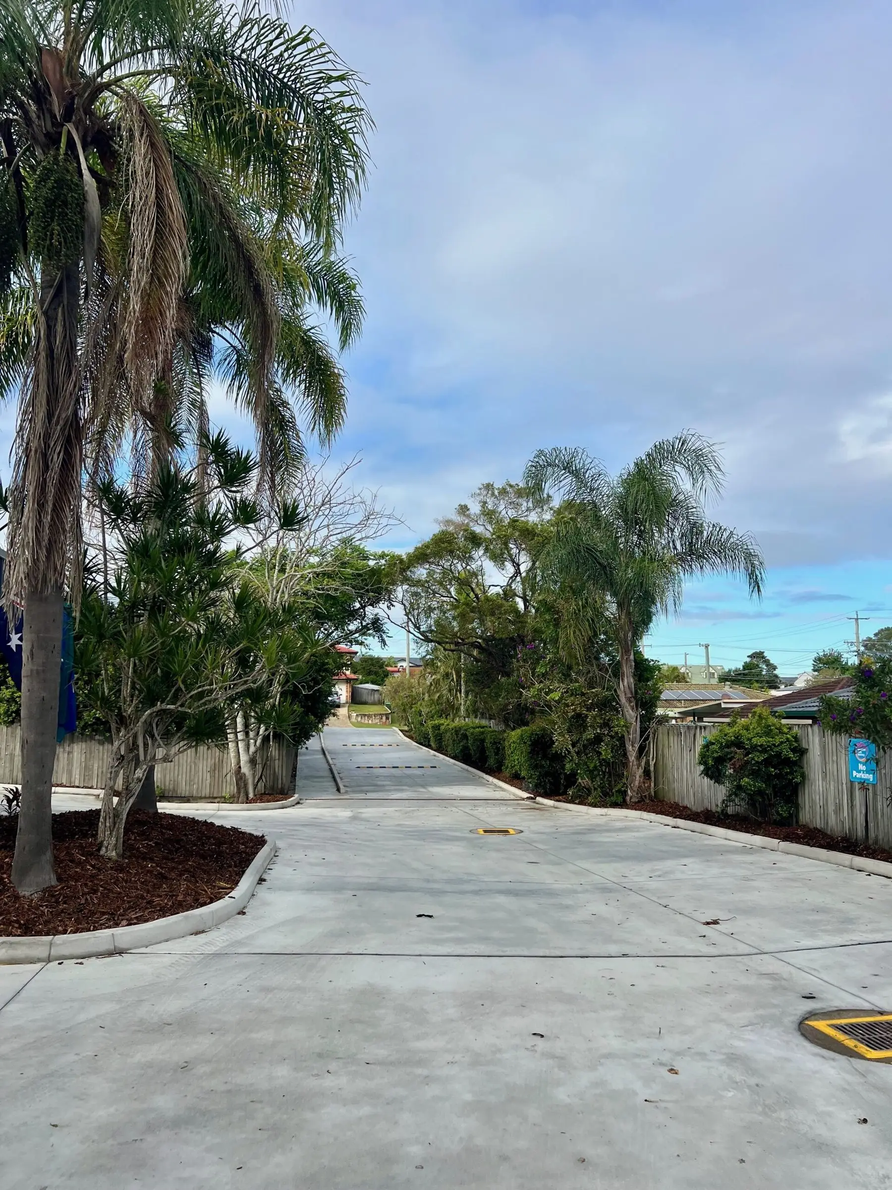 New concrete driveway with palm trees at a childcare centre