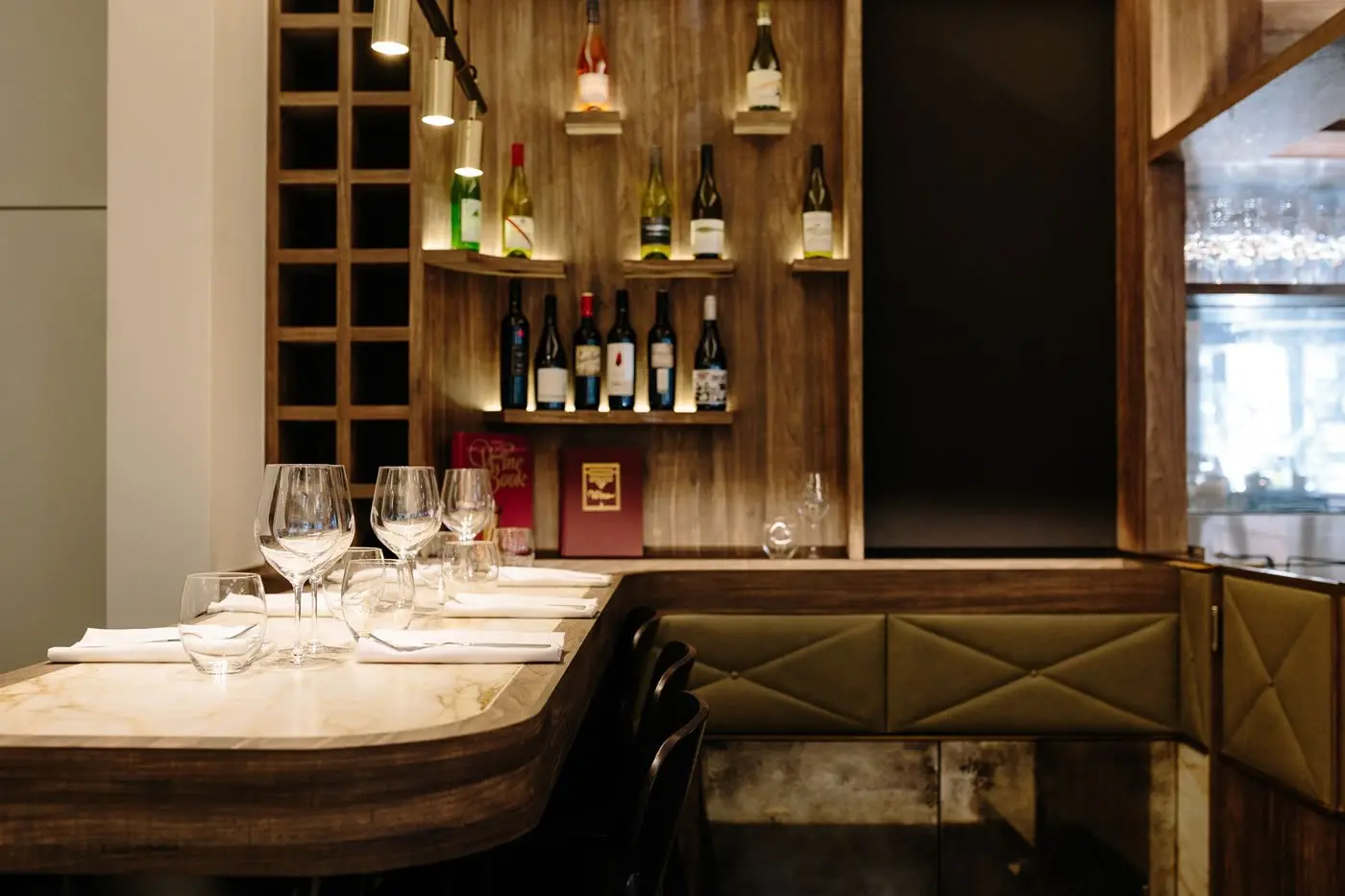 Wine shelving and bar counter in the refurbished restaurant