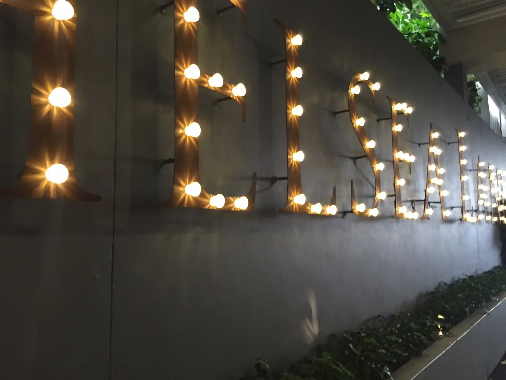 Close-up of the Chelsea Lane sign, hand-rusted iron letters inset with light bulbs